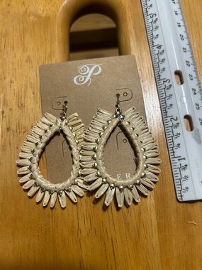 Cream Raffia Teardrop Fringe Earrings